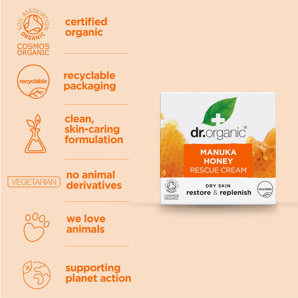 Dr Organic Manuka Honey Rescue Cream texture swirl demonstrates rich moisture for sensitive skin