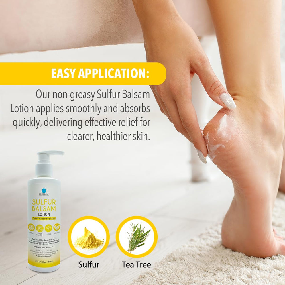 Dr. Robaina Sulfur Balsam Lotion suitable for face and body, gentle for sensitive skin.