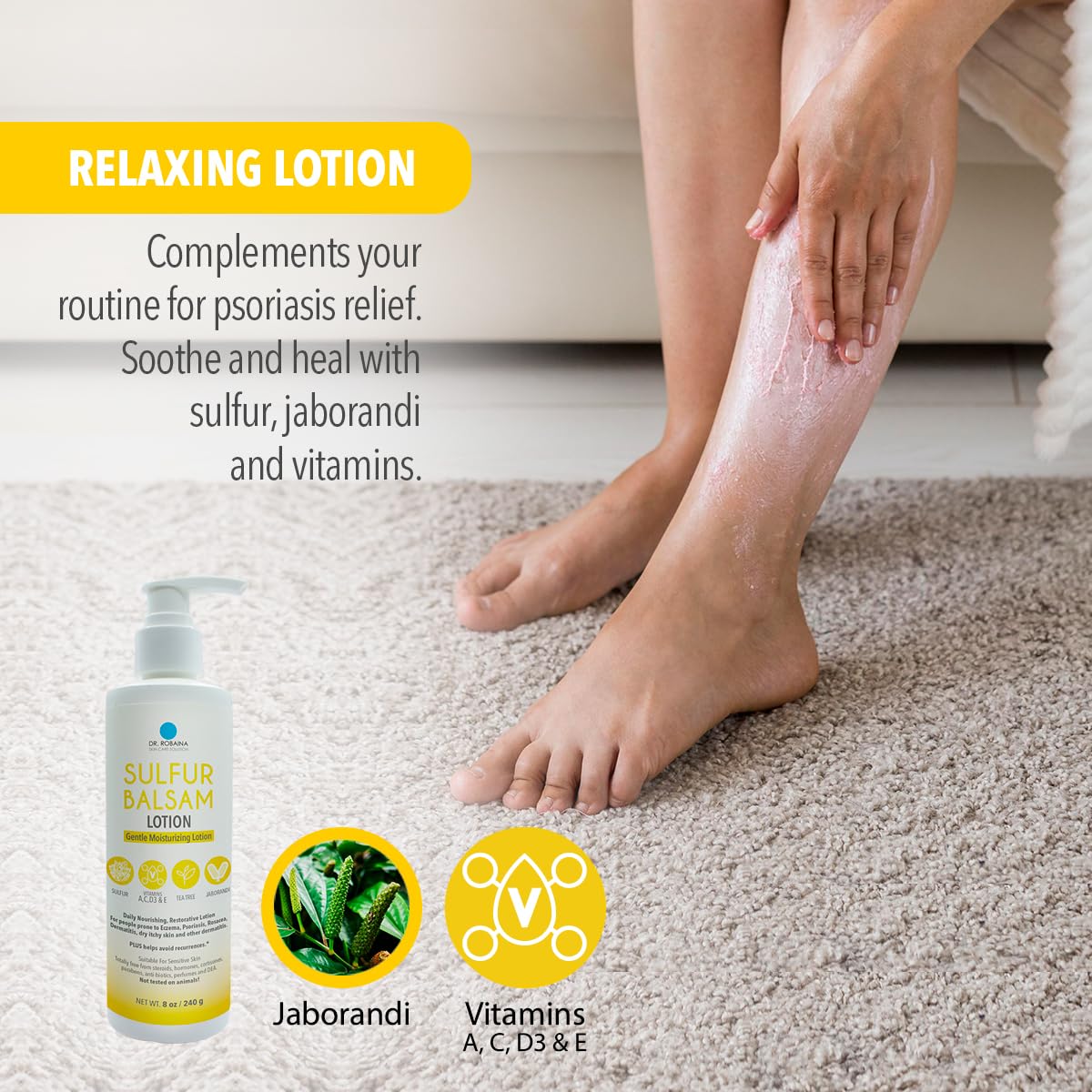 Dr. Robaina Sulfur Balsam Lotion tea tree and shea blend balances skin surface.