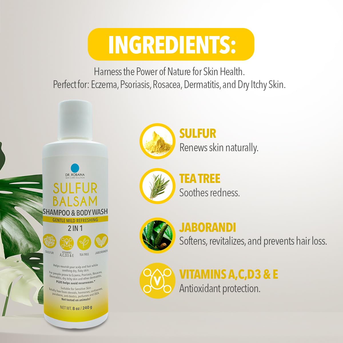 Dr. Robaina sulfur shampoo body wash product shot in bathroom.