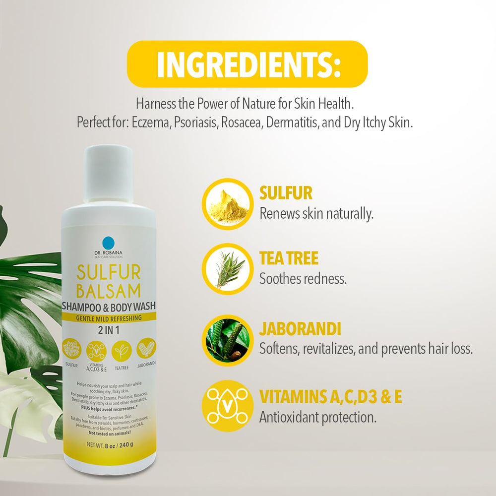 Dr. Robaina sulfur shampoo body wash product shot in bathroom.