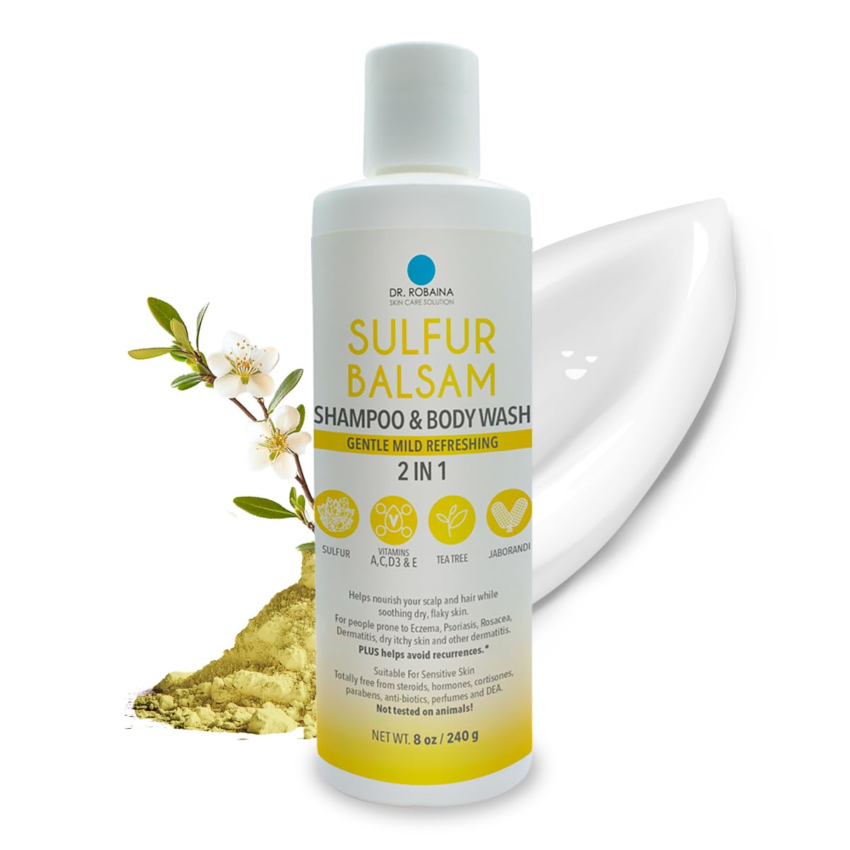 Dr. Robaina sulfur shampoo bottle close-up highlighting color-safe formula.