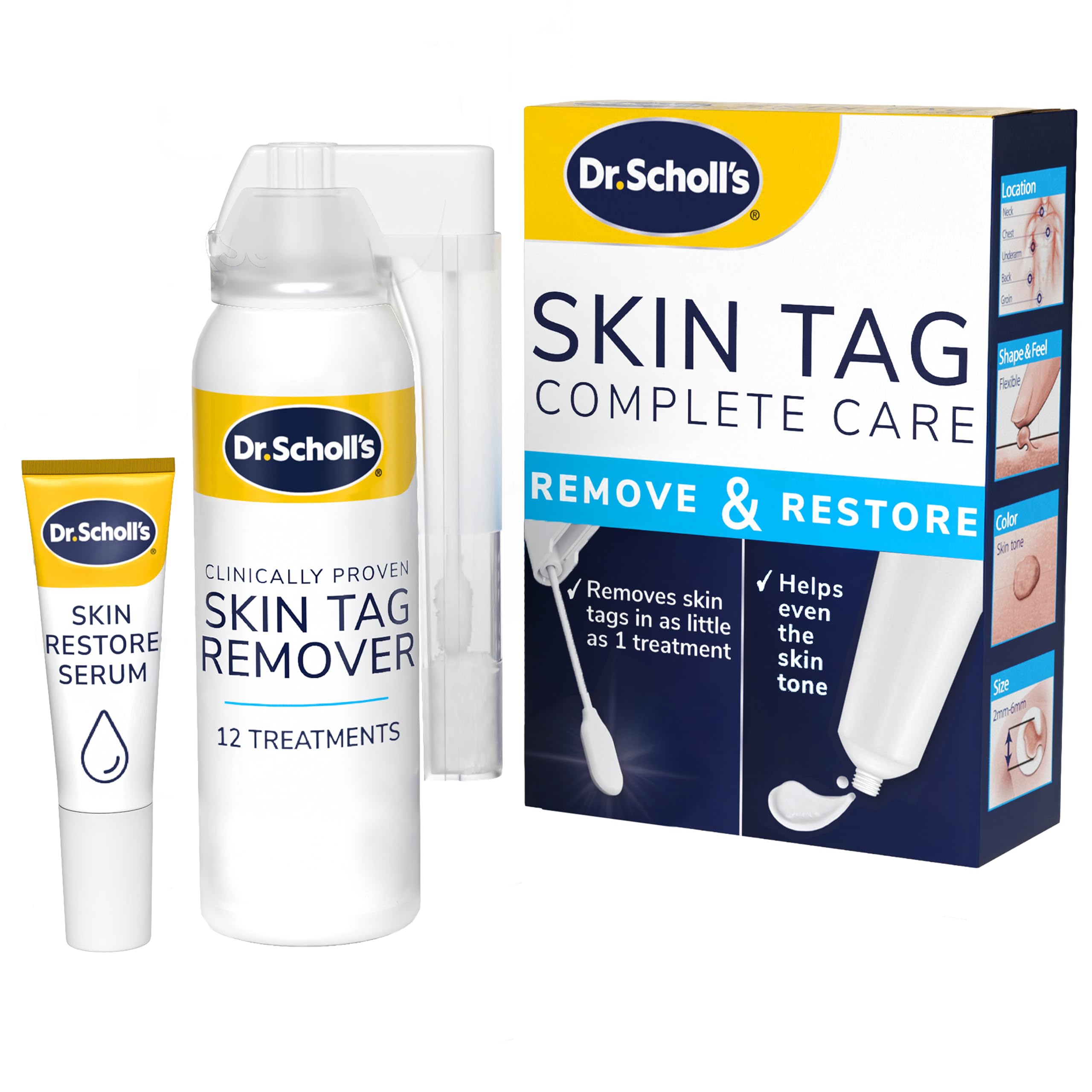Dr. Scholl's Complete Care Skin Tag Remover application close-up for at-home treatment convenience.