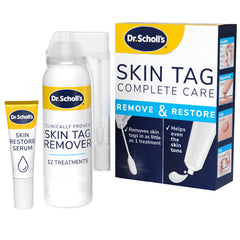 Dr. Scholl's Complete Care Skin Tag Remover application close-up for at-home treatment convenience.