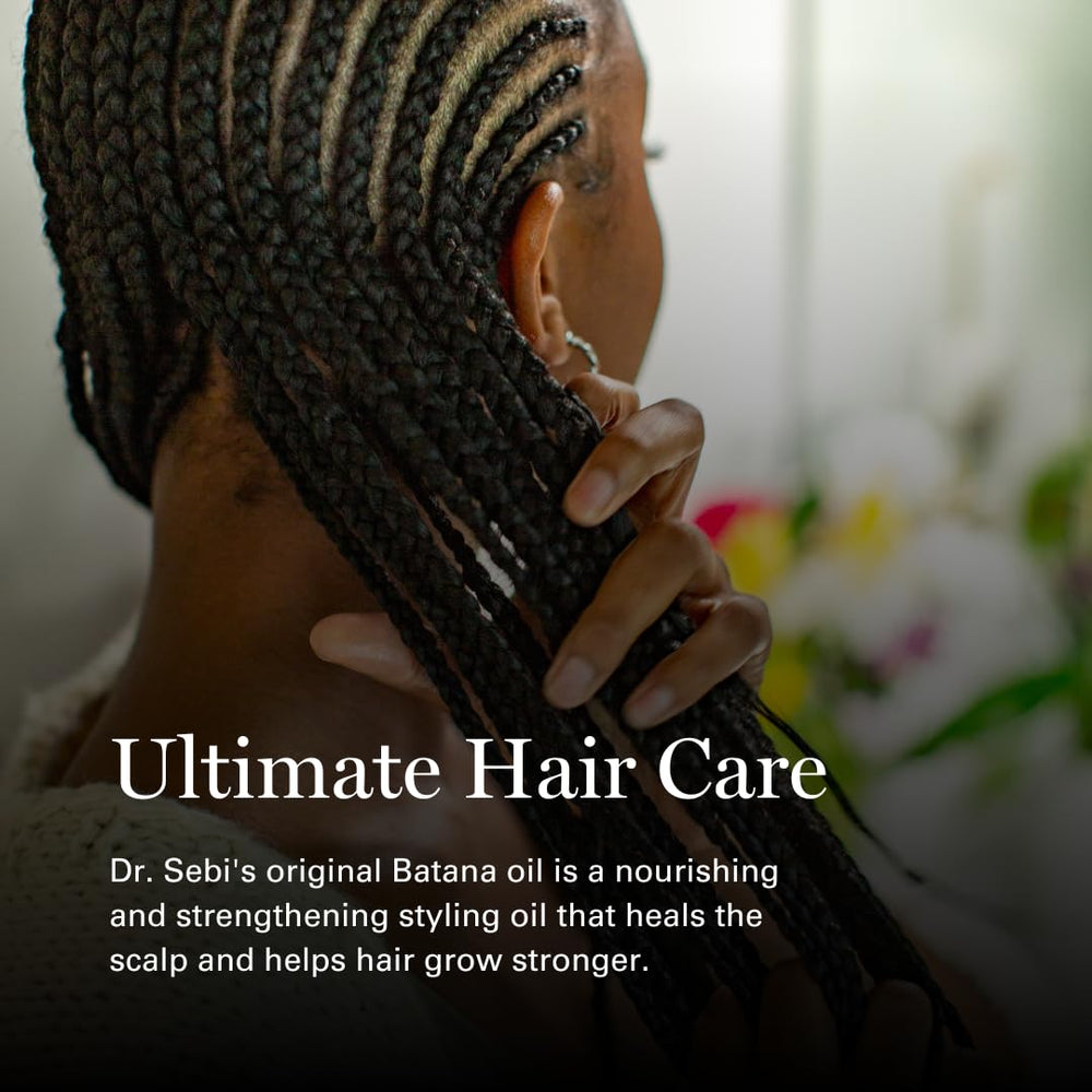 Dr. Sebi's Batana Oil bottle highlighting coconut and olive blend for nourishment.