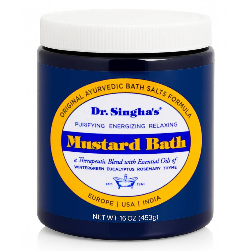 Dr. Singha's Mustard Bath bottle closeup showcasing premium ingredients for relaxation.