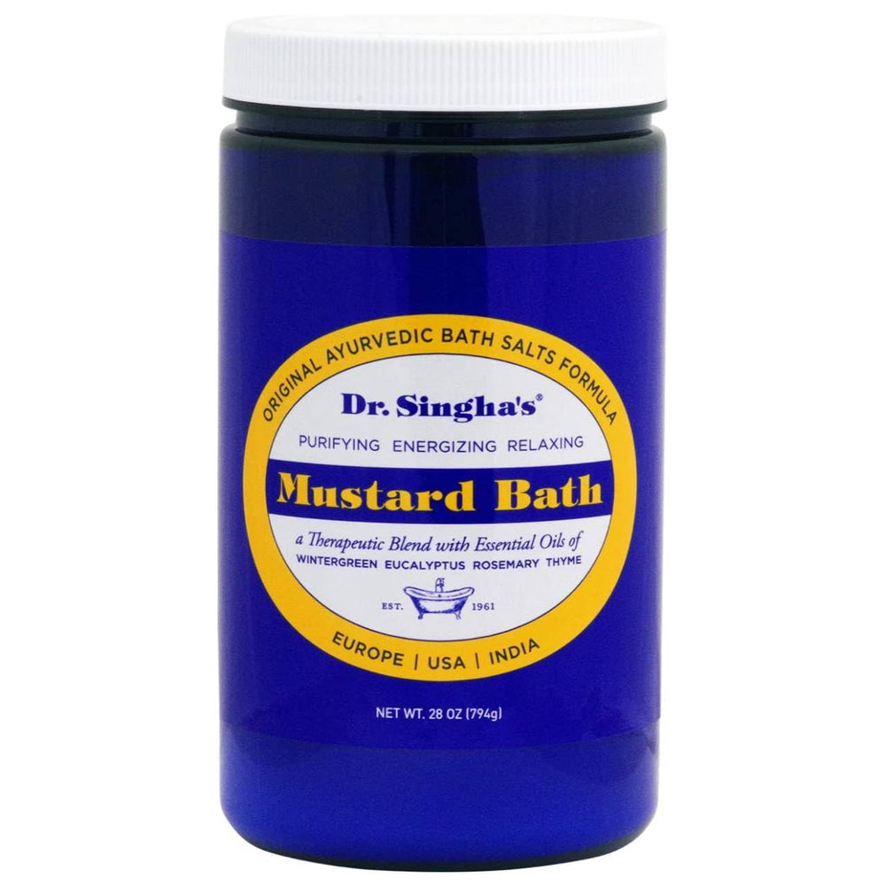 Dr. Singha's Mustard Bath packaging supports versatile self-care routines.