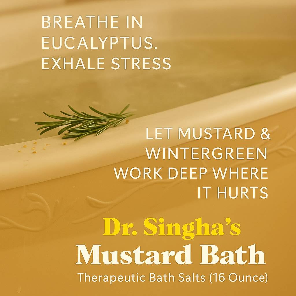 Dr. Singha's Mustard Bath pour releasing aromatic oils for soothing bath.
