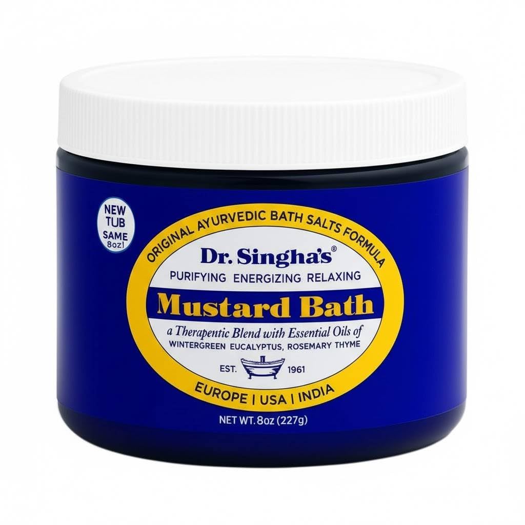Dr. Singha's Mustard Bath Salts bottle pouring for relaxing soak