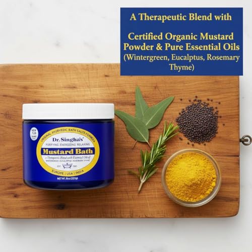 Dr. Singha's Mustard Bath Salts close-up shows mustard powder with cleansing potential
