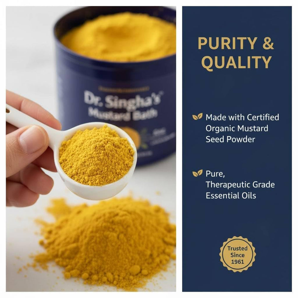 Packaging shot showing the brand label of Dr. Singha's Mustard Bath Salts