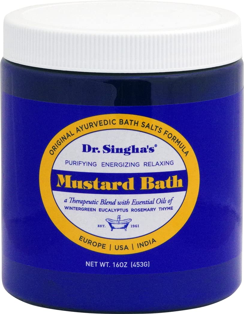 Dr. Singha's Mustard Bath on shelf display highlights heritage.