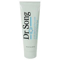Dr Song 2.5% benzoyl peroxide acne gel bottle close-up for a clearer skin routine.