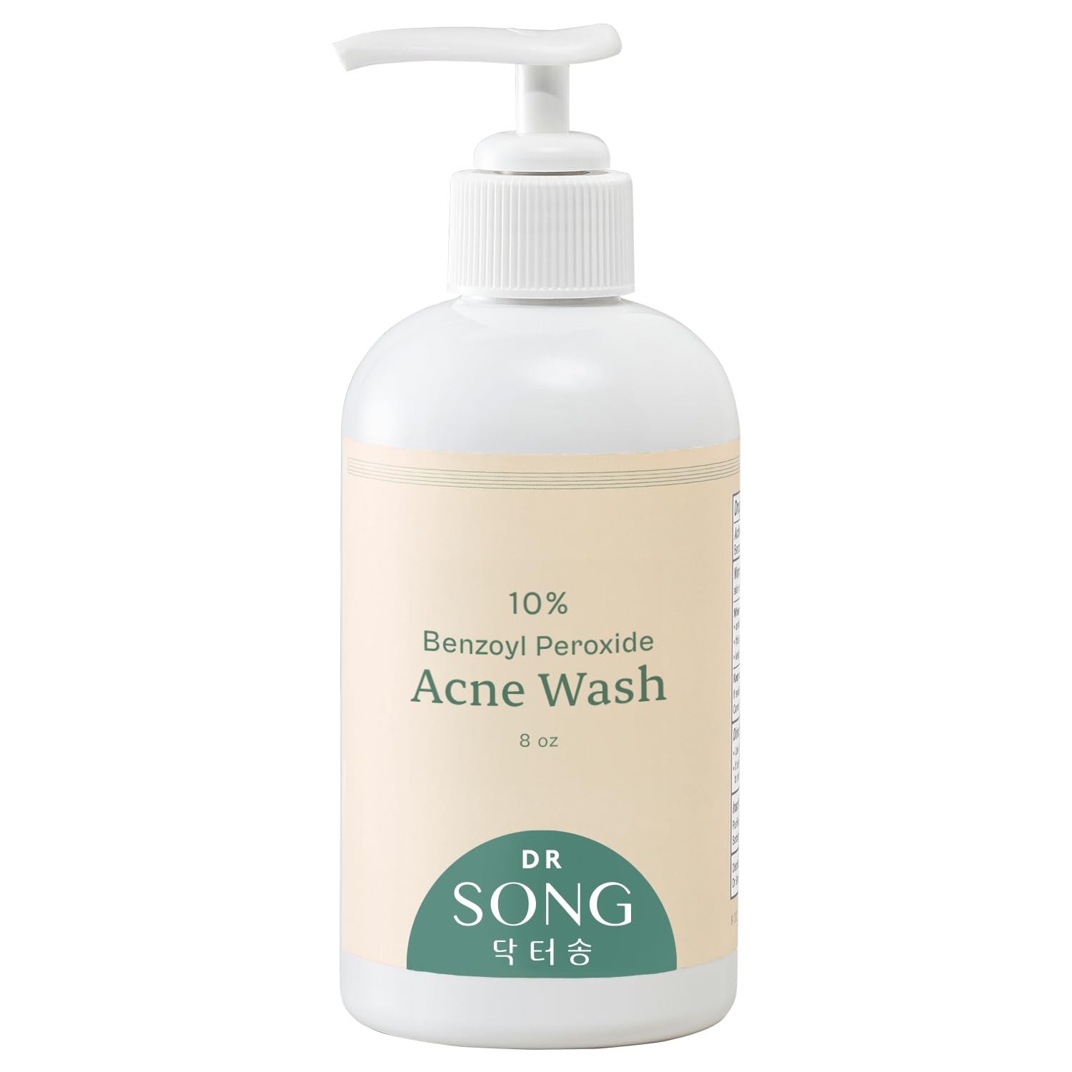 Dr Song benzoyl peroxide wash 10% bottle shown for deep cleansing on acne-prone skin