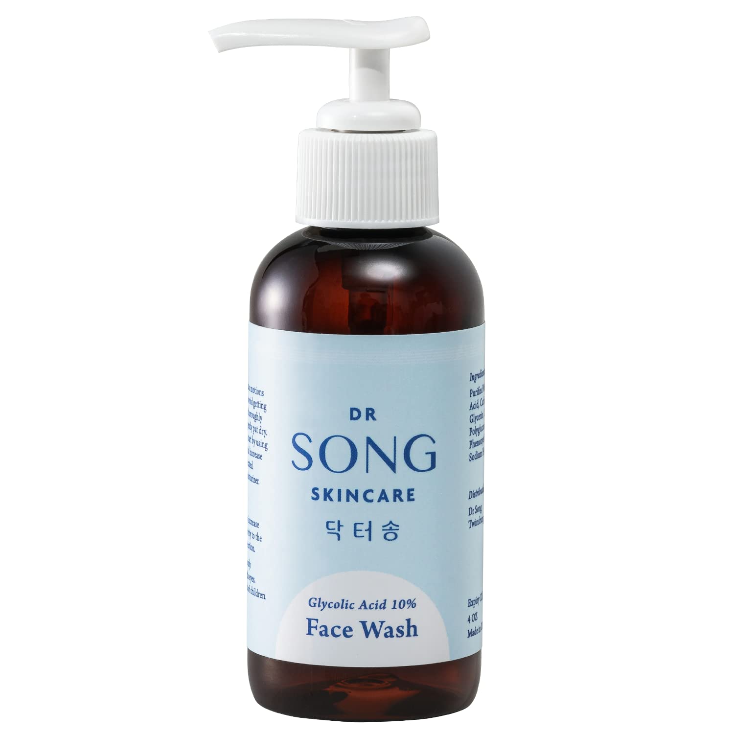 Dr Song Glycolic Face Wash bottle close-up highlighting premium lab-direct formula for exfoliation.