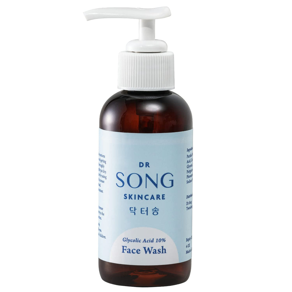 Dr Song Glycolic Face Wash bottle close-up highlighting premium lab-direct formula for exfoliation.
