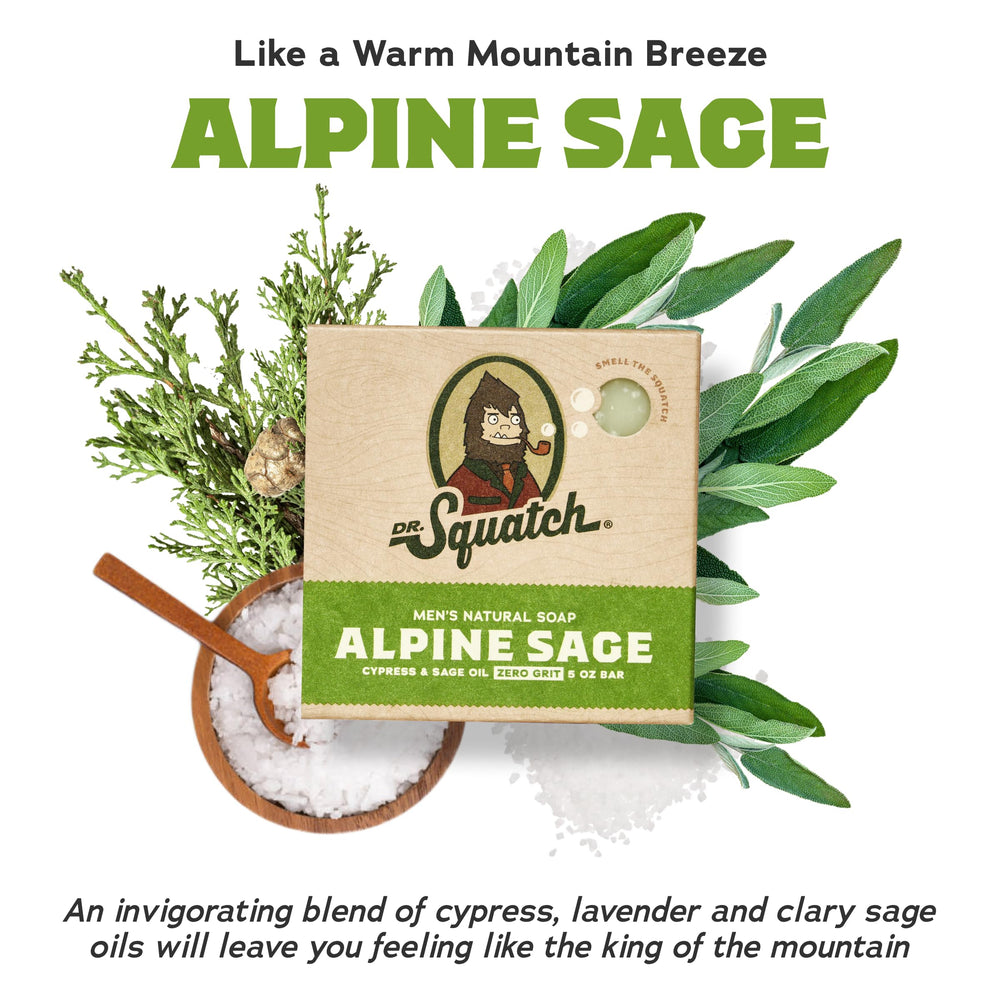 Dr. Squatch Alpine Sage bar soap packshot shows 10-pack value and masculine branding