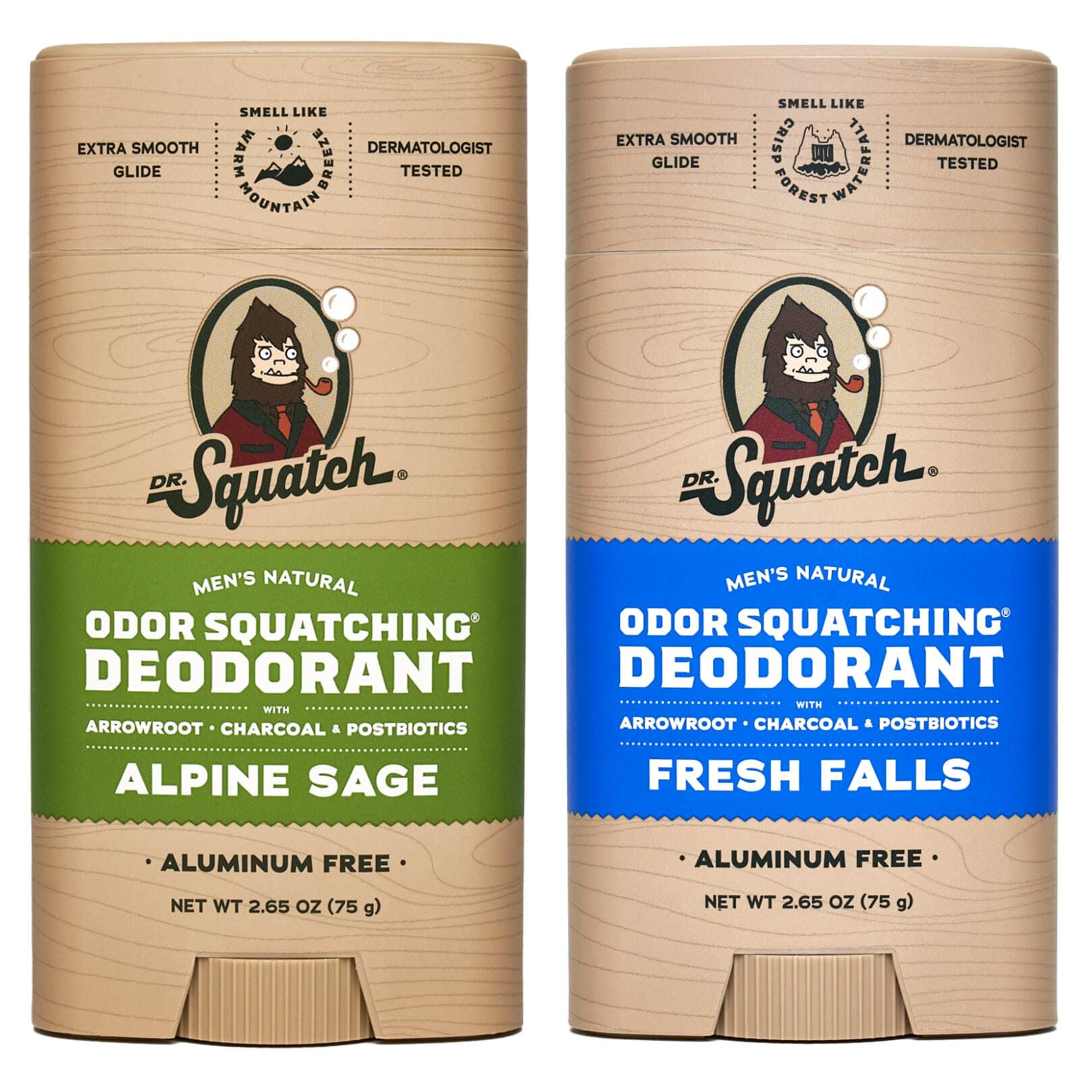 Dr. Squatch Alpine Sage deodorant bottle shows aluminum-free protection for daily wear.