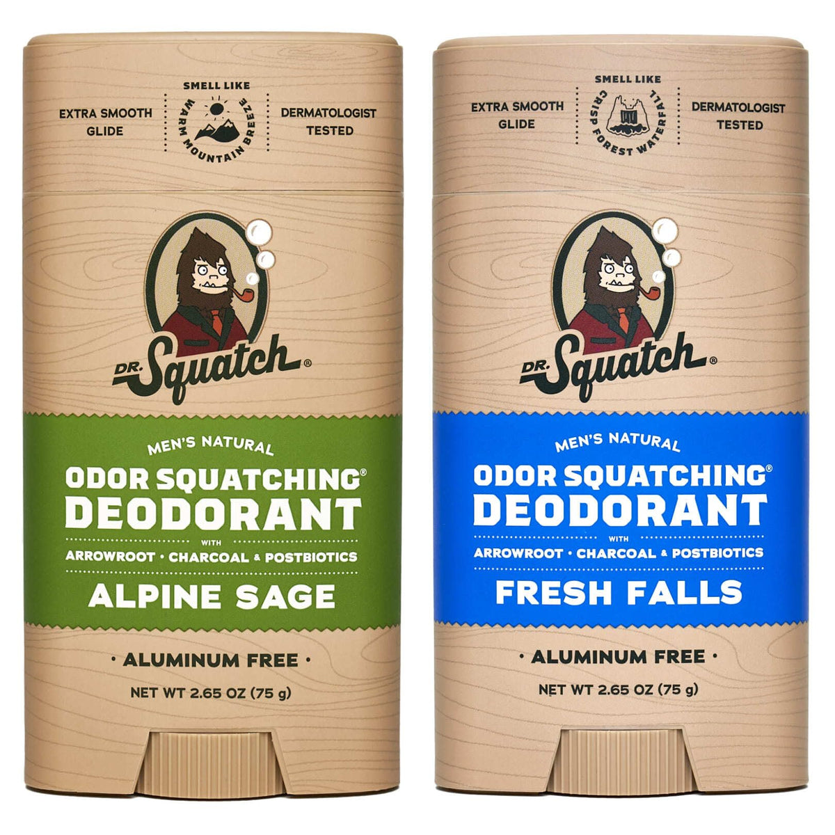 Dr. Squatch Alpine Sage deodorant bottle shows aluminum-free protection for daily wear.