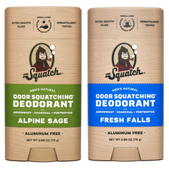 Dr. Squatch Alpine Sage deodorant bottle shows aluminum-free protection for daily wear.
