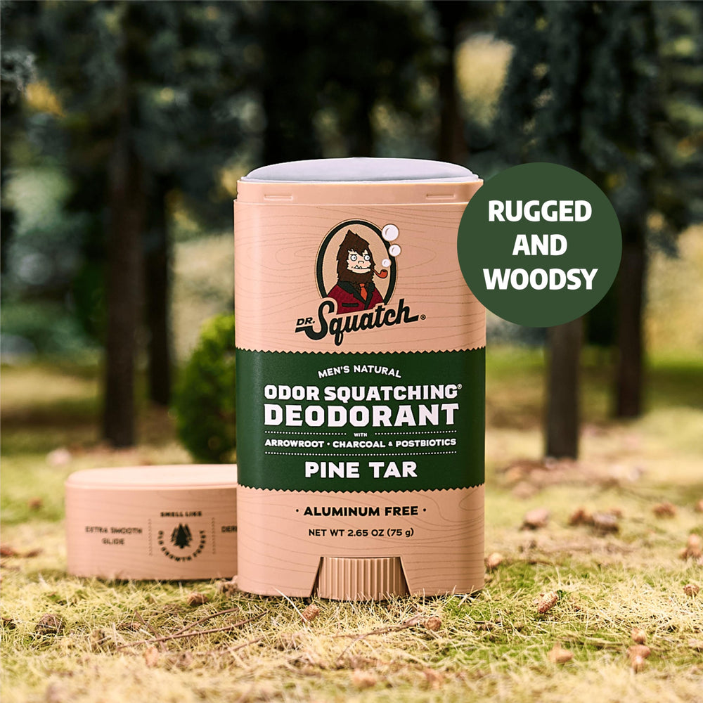 Dr. Squatch arrowroot charcoal postbiotics closeup highlights natural detox and odor control for day-long confidence.