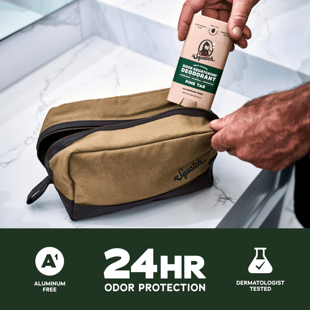 Dr. Squatch ingredients like arrowroot and charcoal showcased for natural protection.