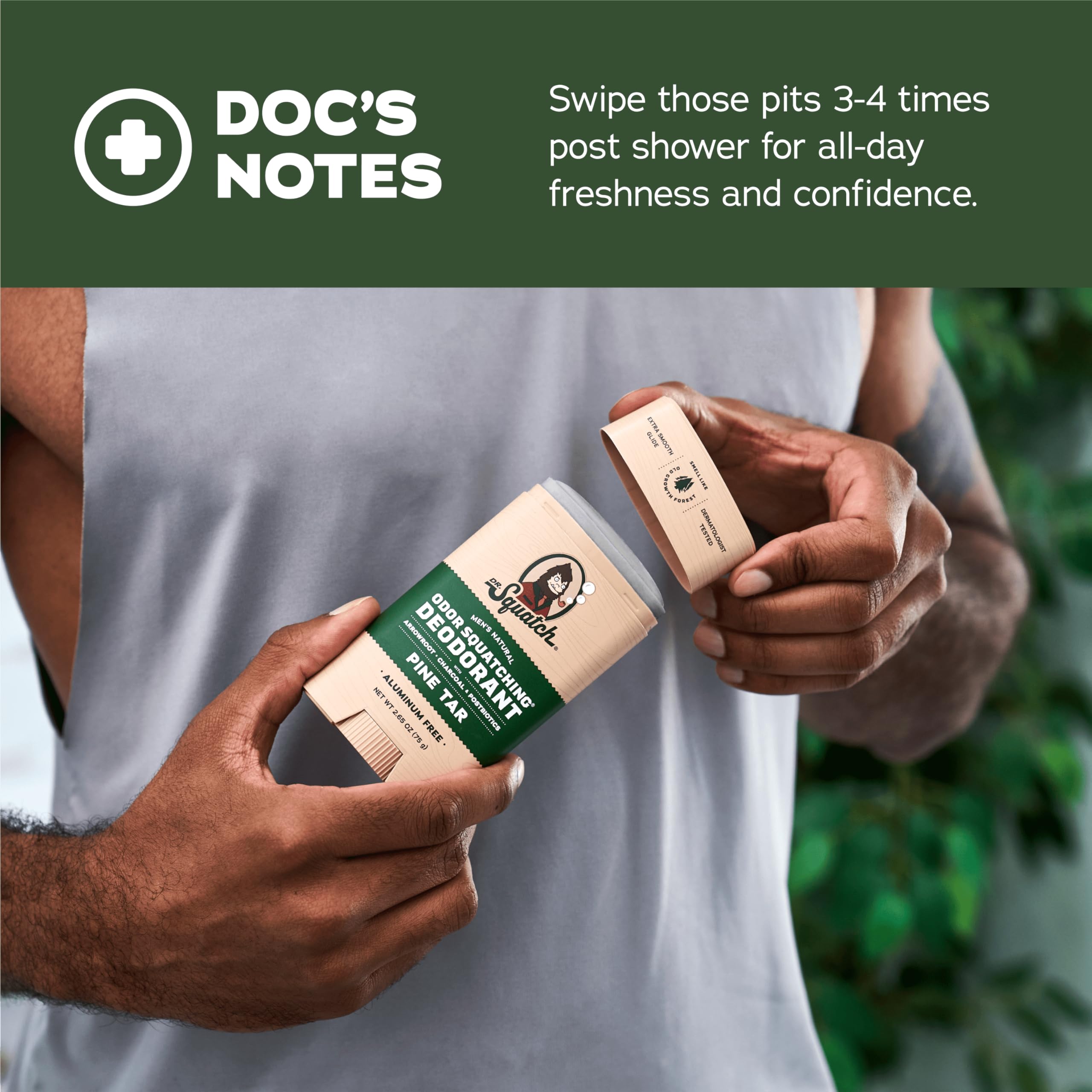 Dr. Squatch ingredients close-up featuring arrowroot, charcoal, and postbiotics