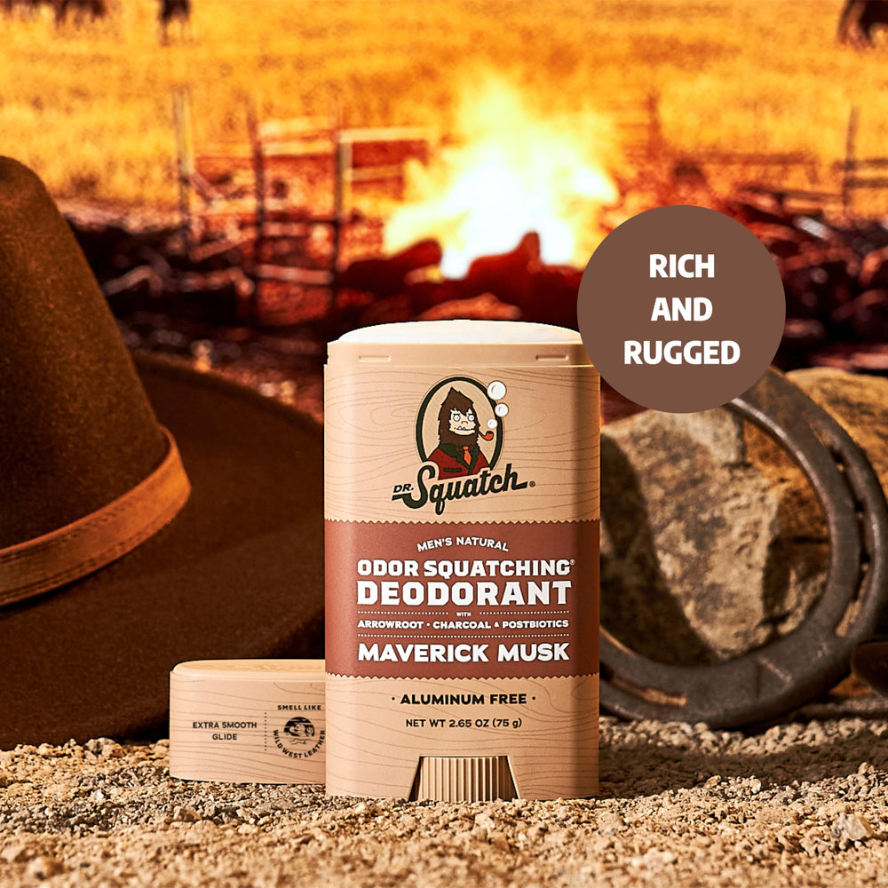 Dr. Squatch arrowroot and charcoal deliver natural odor control for daily wear.