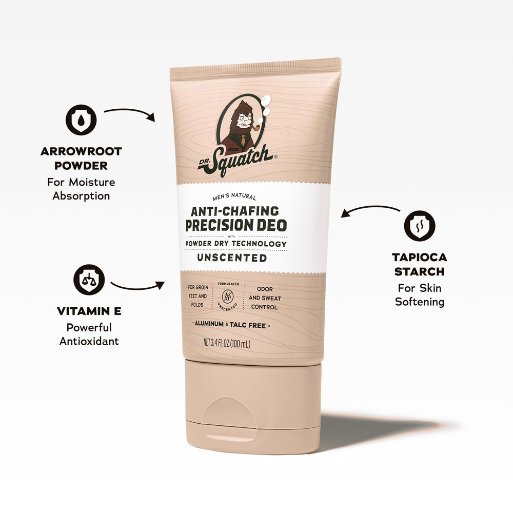 Dr. Squatch natural ingredients arrowroot tapioca image suggests gentle sweat absorption.
