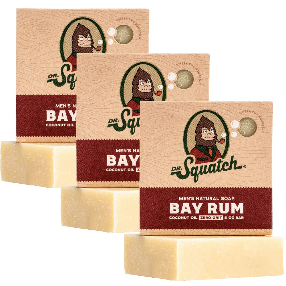 Dr. Squatch Bay Rum bar soap 3-pack packaging for easy daily freshness.