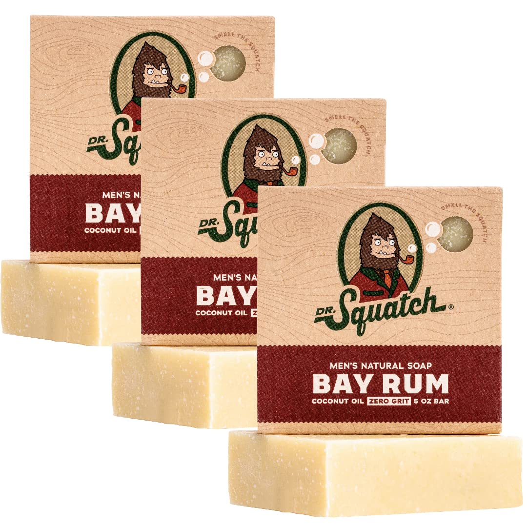 Dr. Squatch Bay Rum bar soap 3-pack packaging for easy daily freshness.