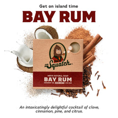 Dr. Squatch Bay Rum bar soap closeup shows rich lather and texture.