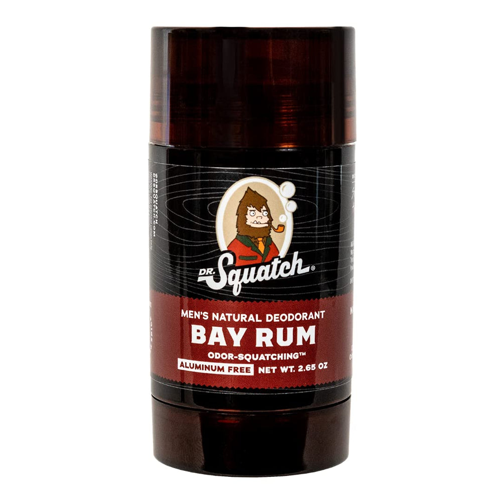 Dr. Squatch Bay Rum deodorant package highlights aluminum-free formula for sensitive skin.