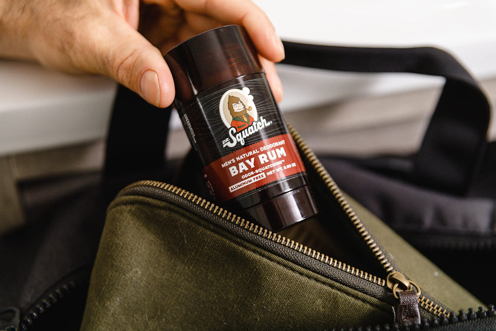 Dr. Squatch Bay Rum deodorant stick closeup with creamy texture for moisturizing protection.