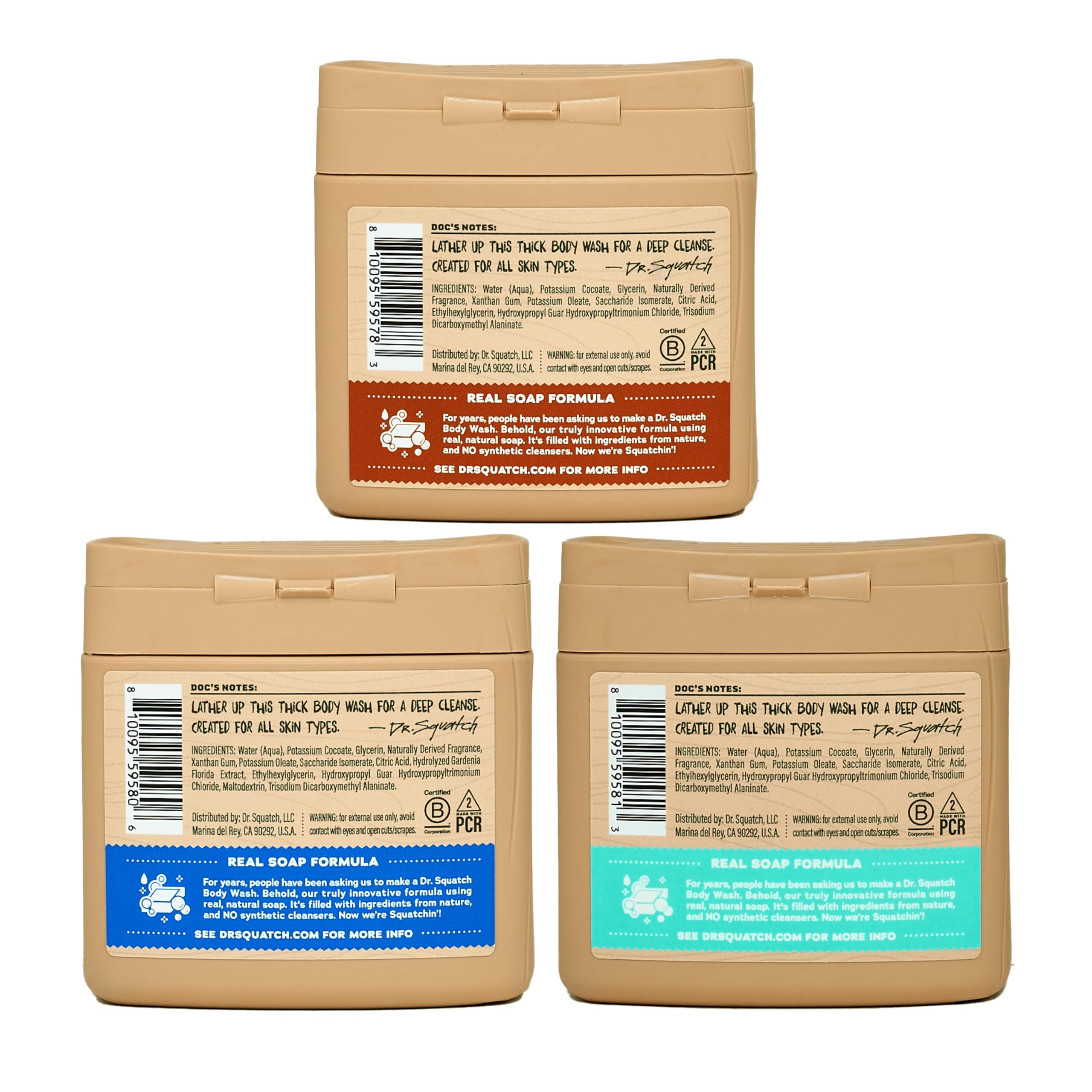 Dr. Squatch Coconut Castaway body wash pour bursting with tropical scent.