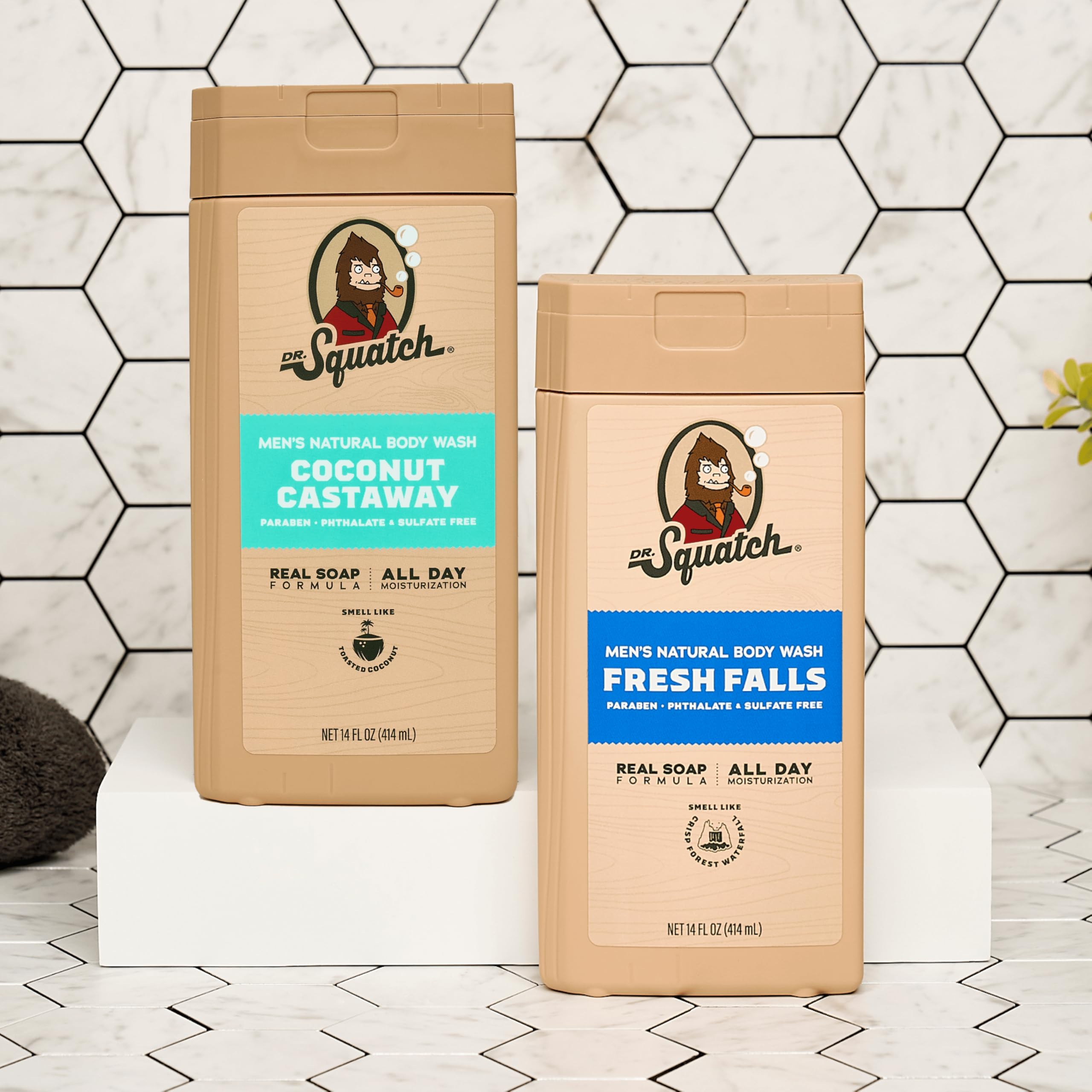 Dr. Squatch body wash two-pack box communicates value and extended-use promise.