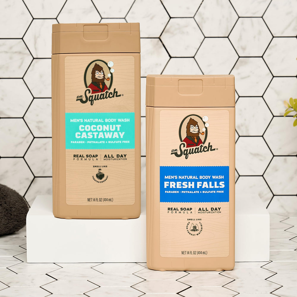 Dr. Squatch body wash two-pack box communicates value and extended-use promise.