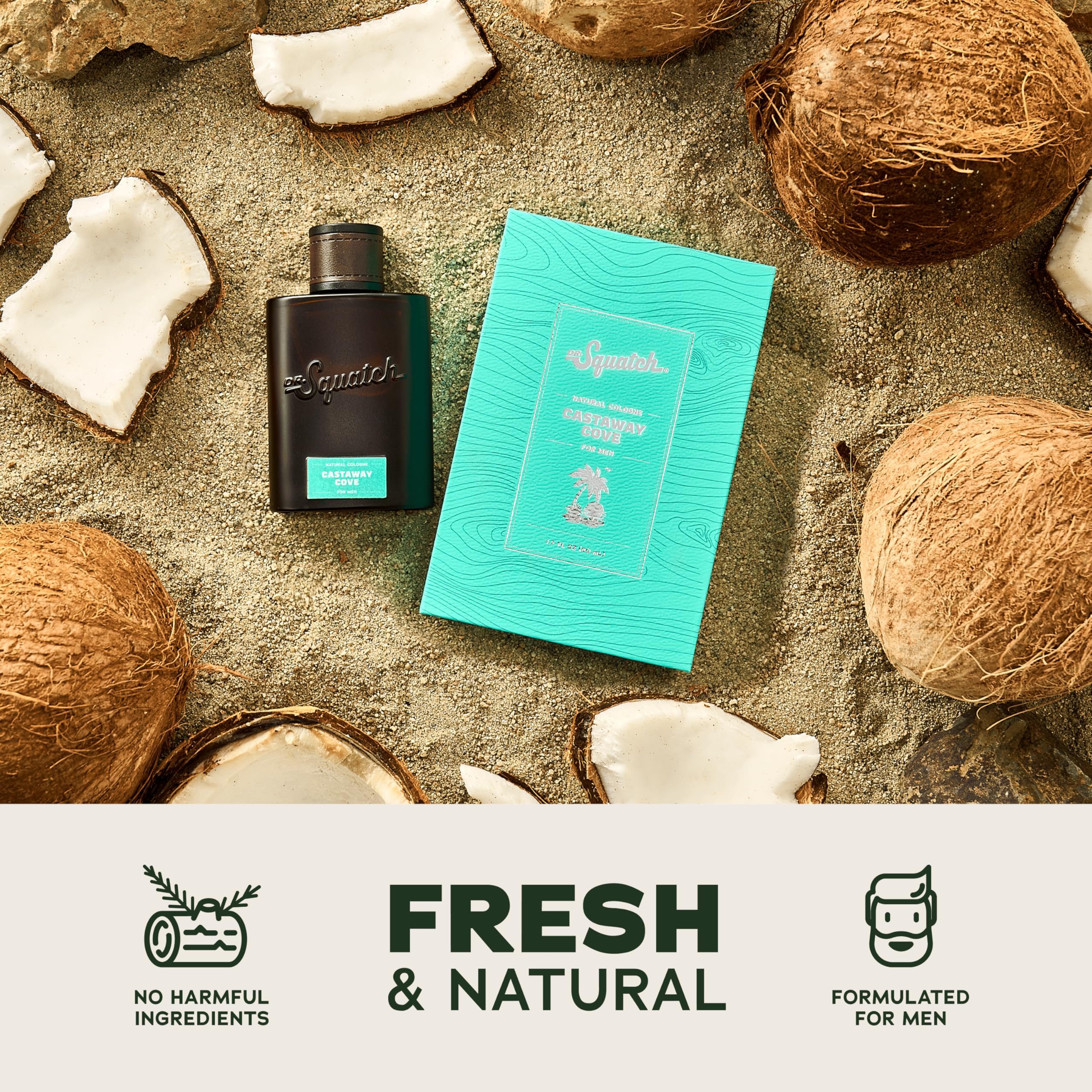 Dr. Squatch Castaway Cove packaging box showing sustainable, upcycled materials