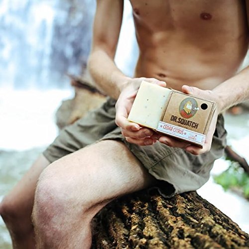 Dr. Squatch Cedar Citrus bar in use during shower for refreshing cleanse