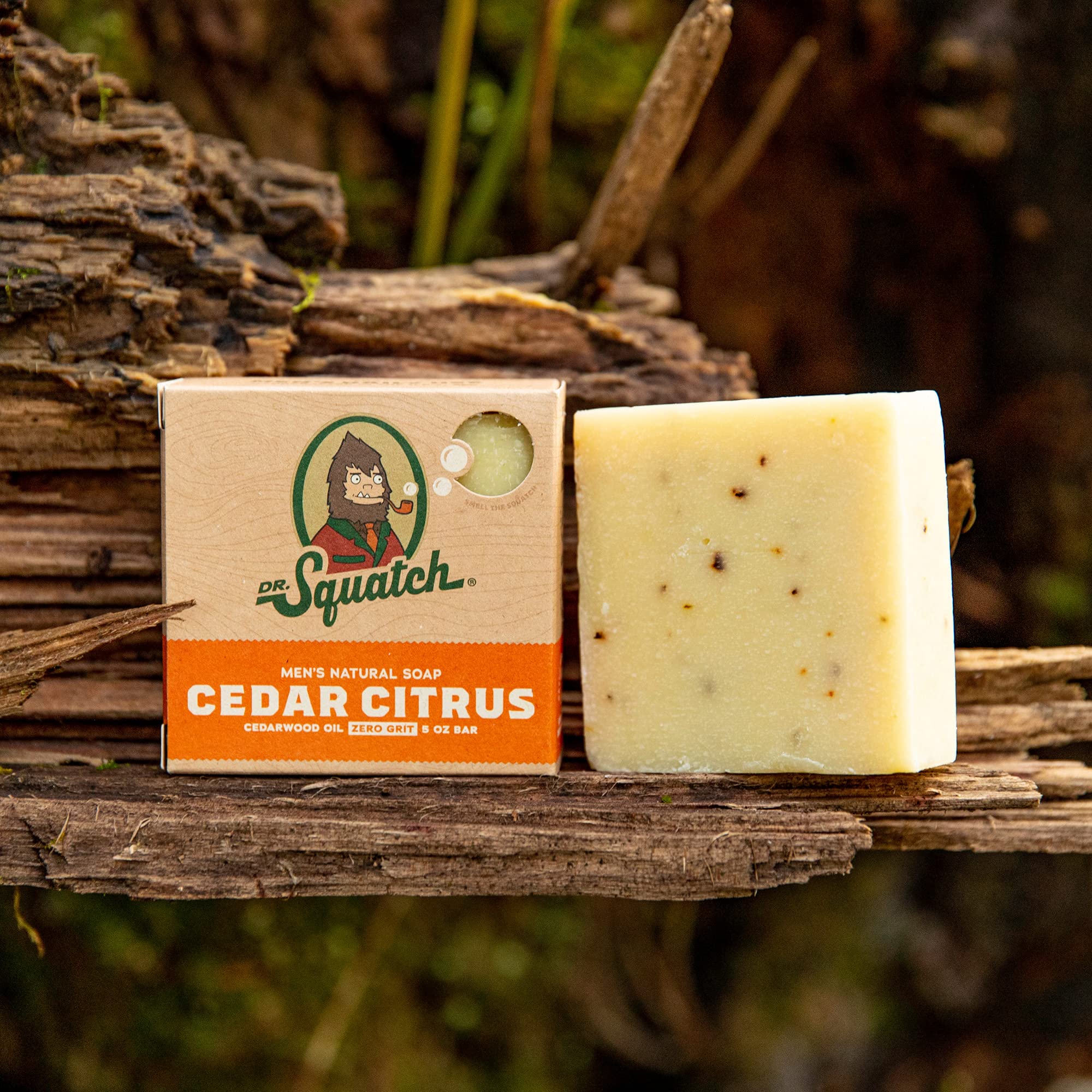 Dr. Squatch Cedar Citrus bar showing kaolin clay texture for cleansing