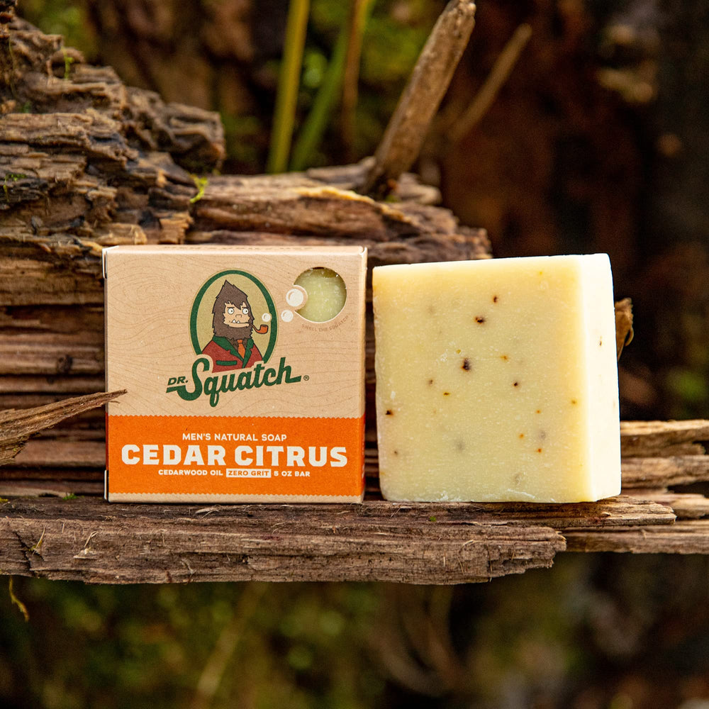 Dr. Squatch Cedar Citrus bar showing kaolin clay texture for cleansing