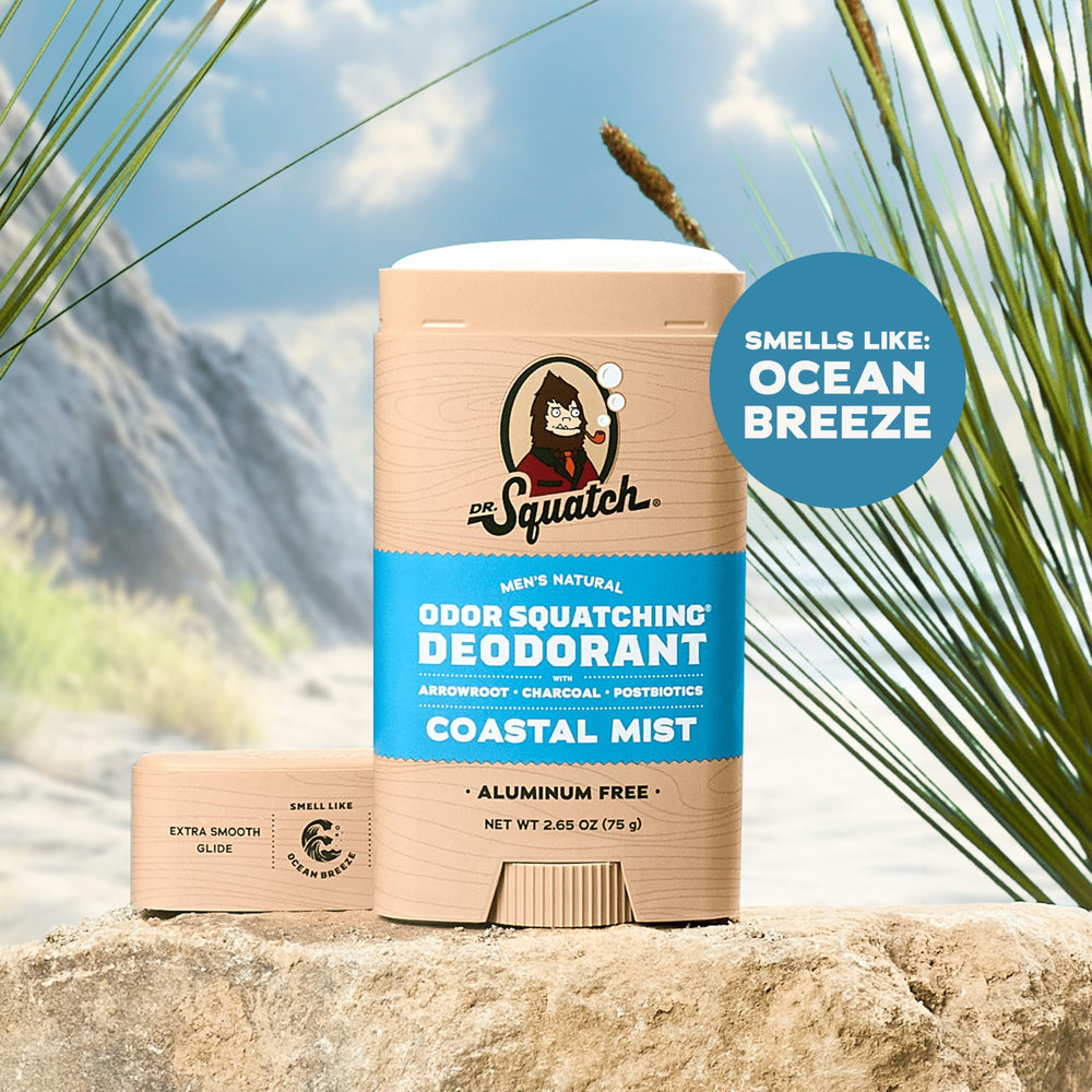 Dr. Squatch Coastal Mist packaging highlights natural, fragrance-derived deodorant for men.