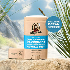 Dr. Squatch Coastal Mist packaging highlights natural, fragrance-derived deodorant for men.