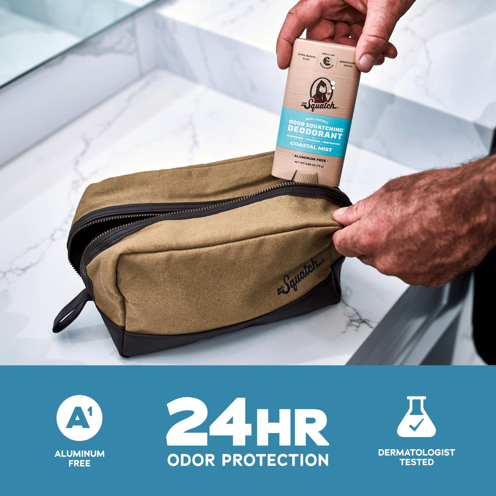 Dr. Squatch Coastal Mist deodorant stick closeup shows aluminum-free protection for active days.