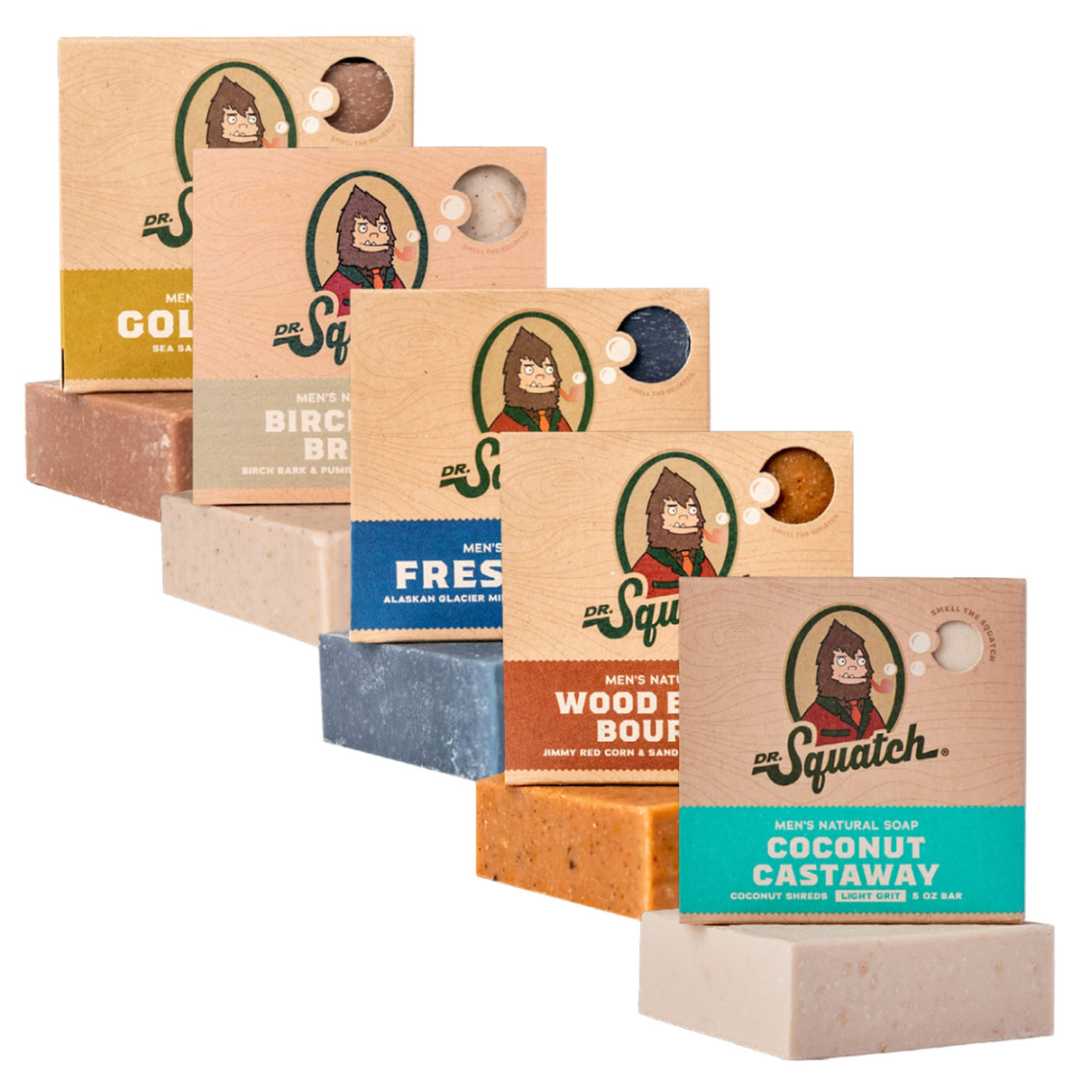 Dr. Squatch Coconut Castaway bar closeup with creamy lather and tropical scent for a refreshing shower.