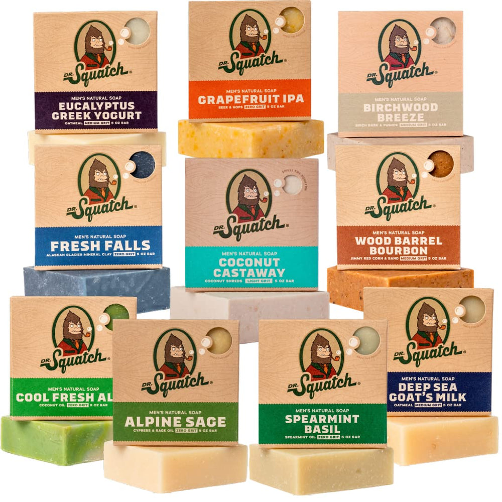 Dr. Squatch Coconut Castaway bar soap, lush tropical scent for refreshing skin routine.