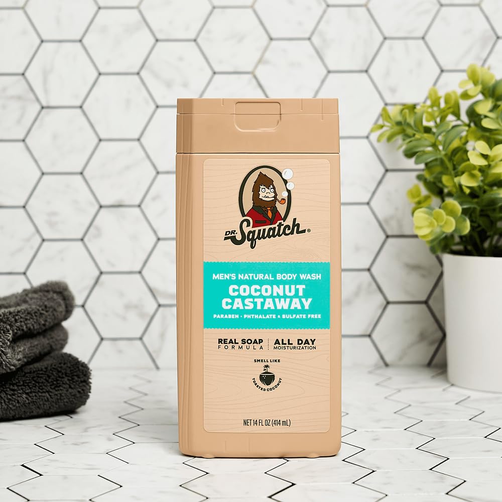 Dr. Squatch Coconut Castaway bottle in use for an invigorating lather.