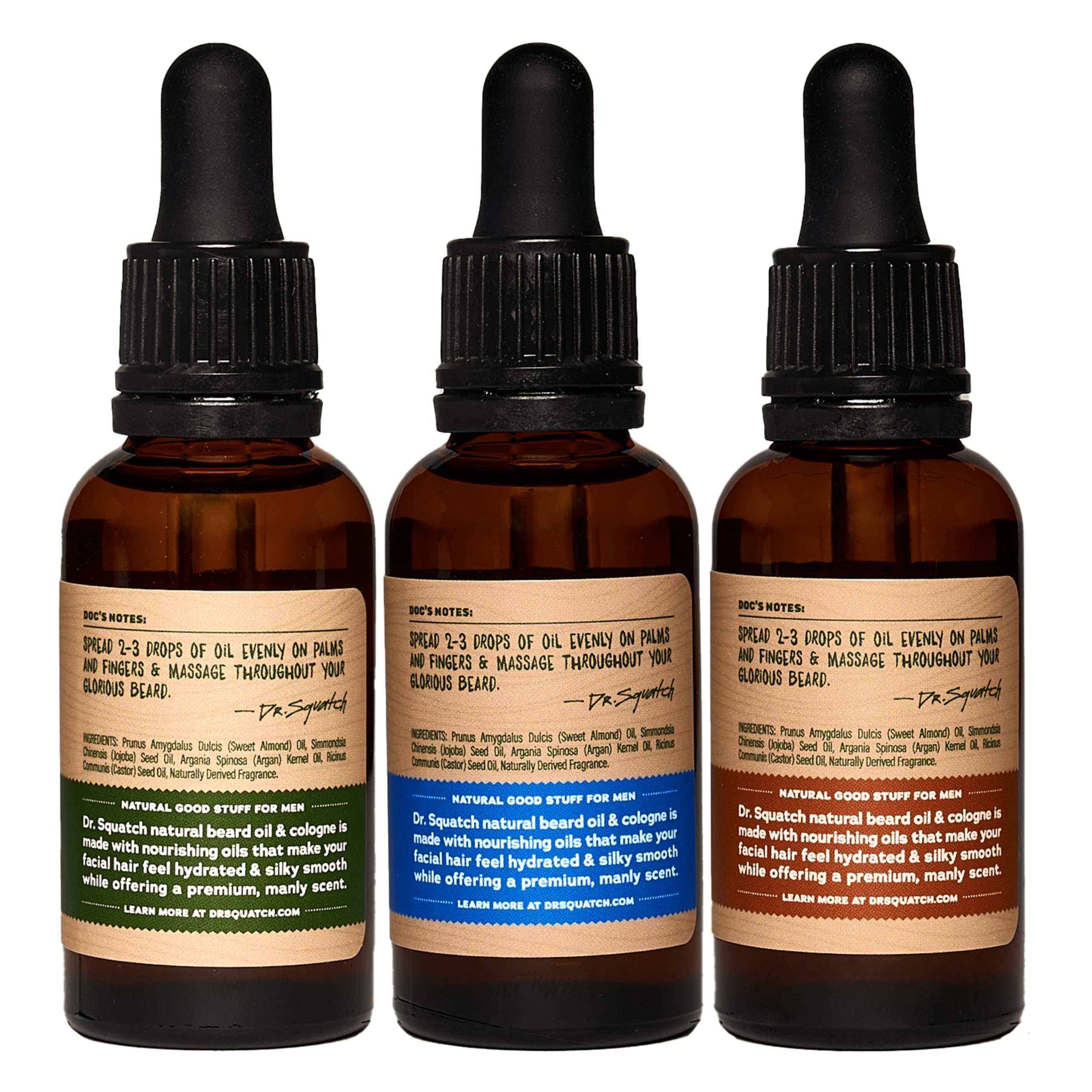 Dr. Squatch Conditioning Beard Oil close-up highlights silkiness for beard softness.
