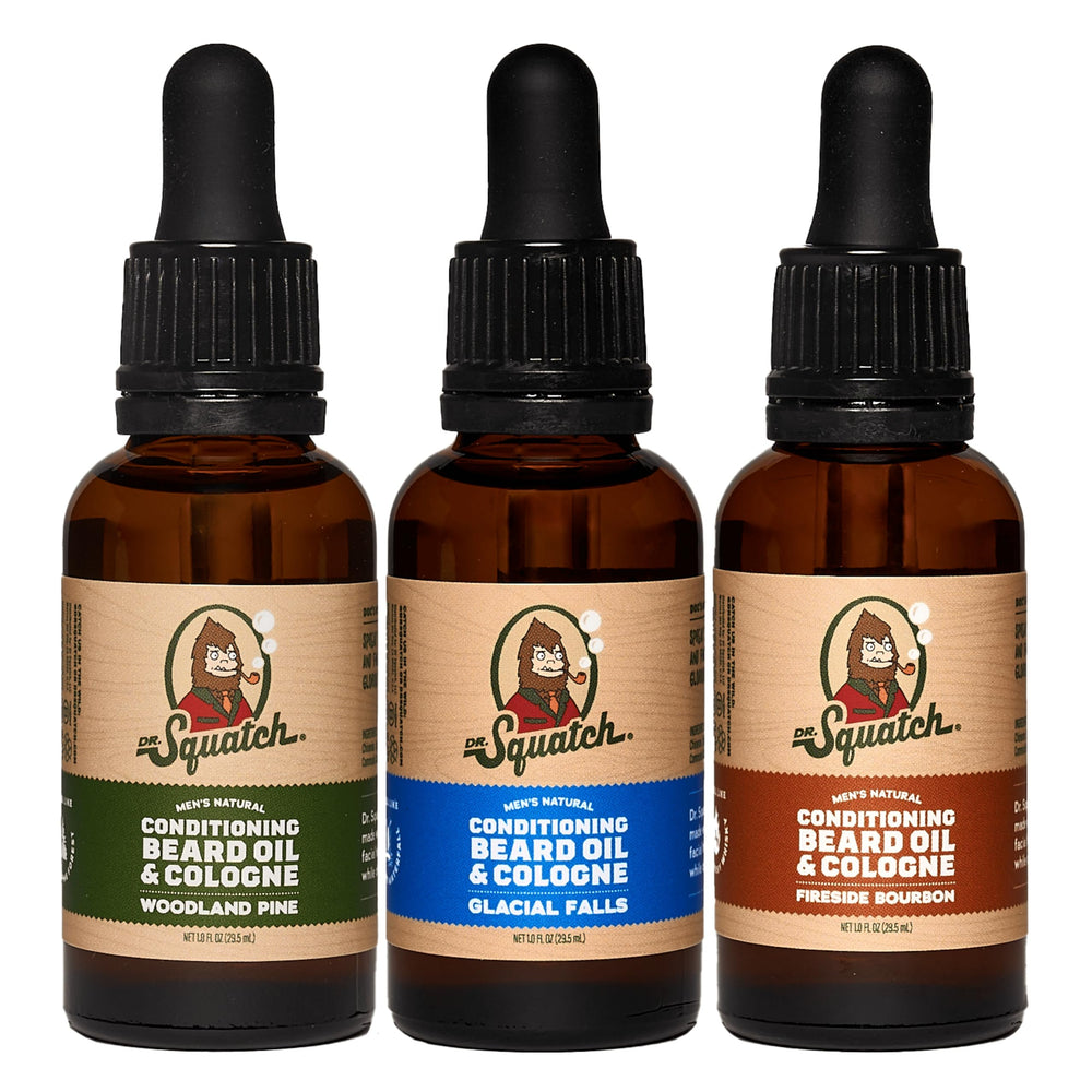 Dr. Squatch Conditioning Beard Oil and Cologne Fireside Bourbon bottle front shows nourishing beard care.