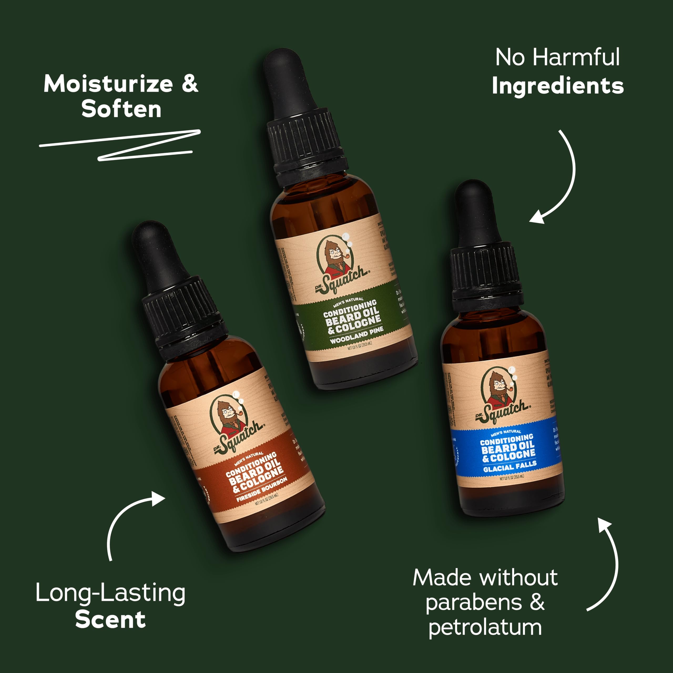 Dr. Squatch Conditioning Beard Oil Glacial Falls bottle front emphasizes crisp, energizing aroma.